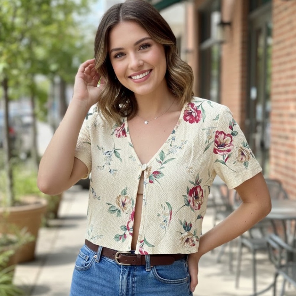 Vintage Pastel Yellow Crop Blouse with Tie Front and Short Sleeves